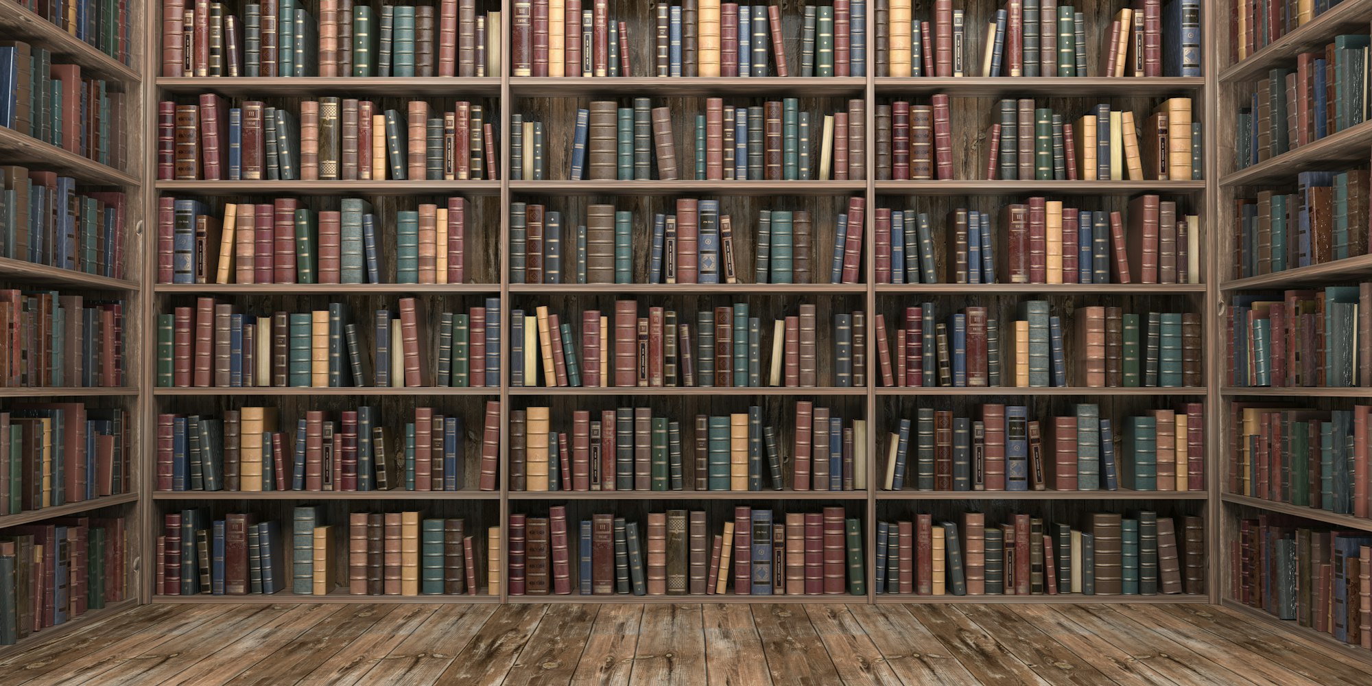 Vintage books on bookshelves in old library. Education and literature concept.